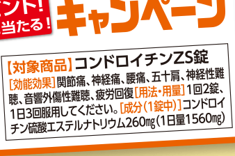 対象商品 コンドロイチンZS錠　［効能効果］関節痛、神経痛、腰痛、五十肩、神経性難聴、音響外傷性難聴、疲労回復［用法・用量］1回2錠、1日3回服用してください。［成分（1錠中）］コンドロイチン硫酸エステルナトリウム260㎎（1日量1560㎎）